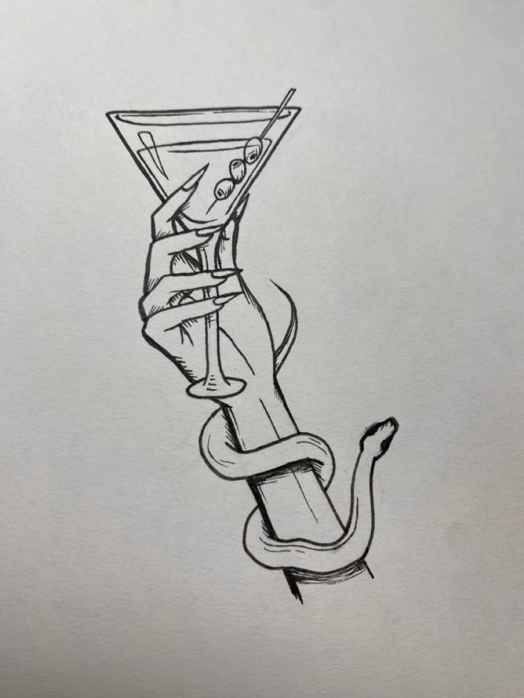 a drawing of a hand holding a martini glass with a snake on the bottom and an arrow in the middle