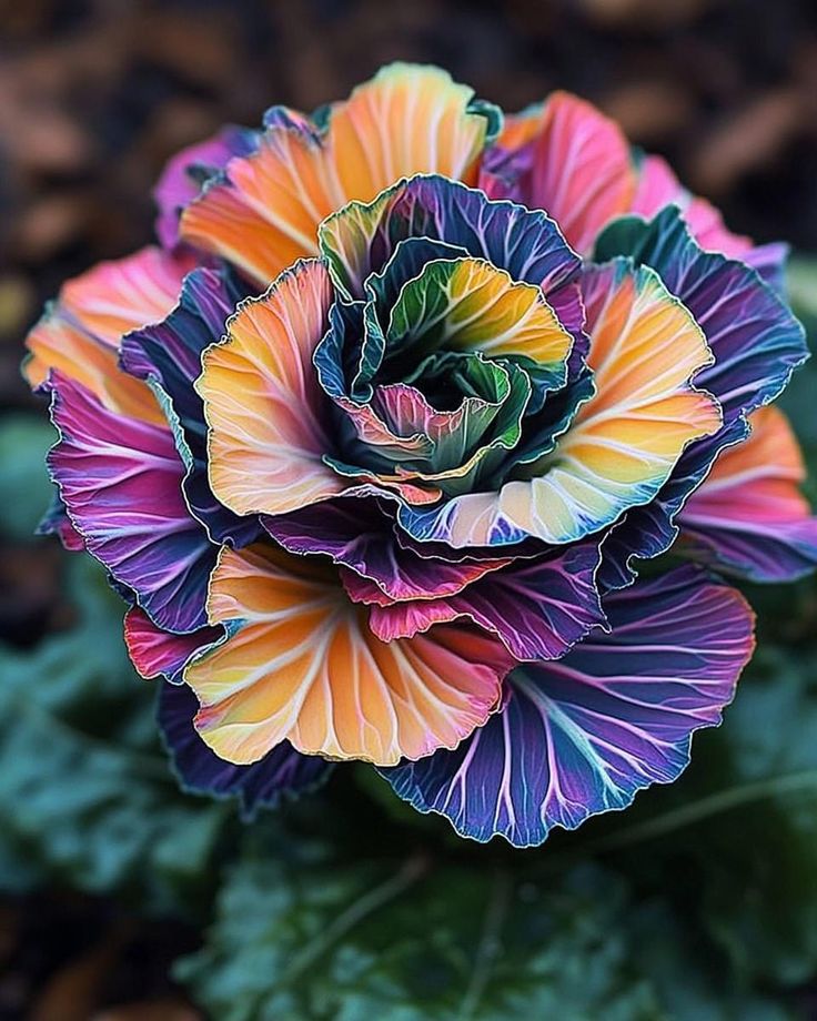 a colorful flower with green leaves in the background