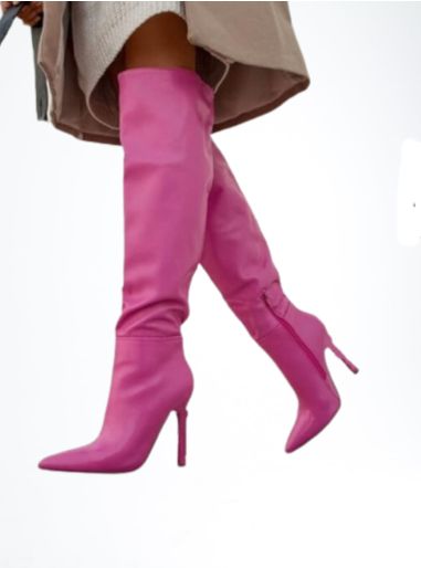 Pink Side Zip Knee High Stiletto Boots Pink Knee High Boots, High Heel Leather Boots, Knee High Stiletto Boots, Winter Boots Outfits, Red Stilettos, Leather High Heel Boots, Printed Casual Dresses, Leather Boots Heels, Leather Western Boots