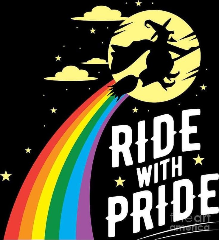 a poster for ride with pride featuring a witch on a broom flying over the rainbow