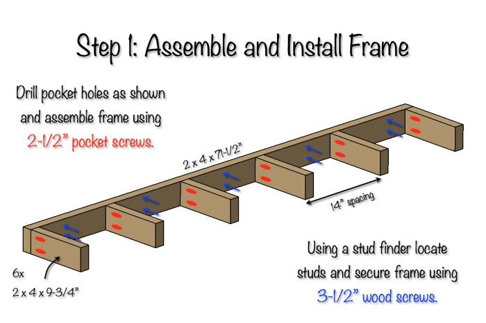 the instructions for how to install an assembly frame on a wood frame wall mounted shelf