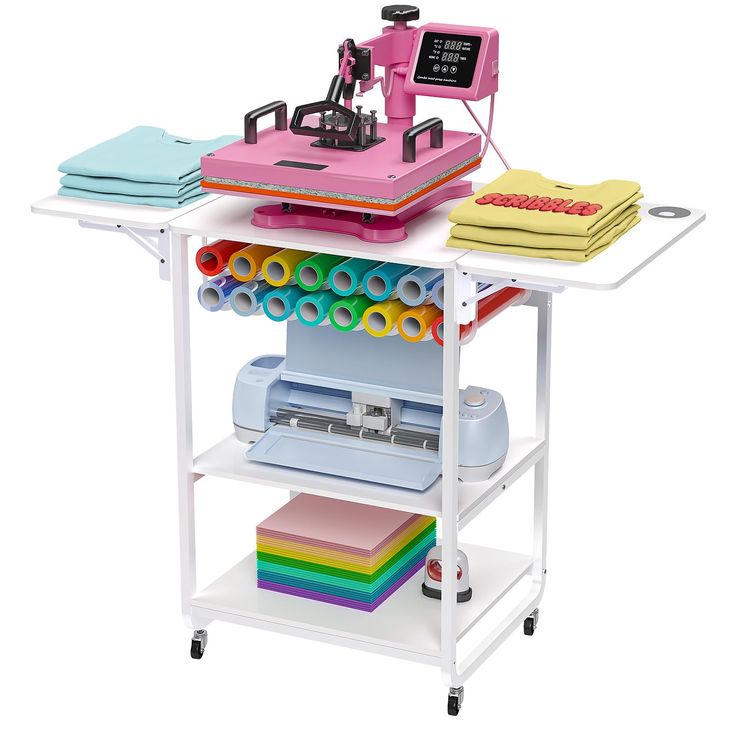 a toy sewing machine with many different items on it's stand, including fabric and felt