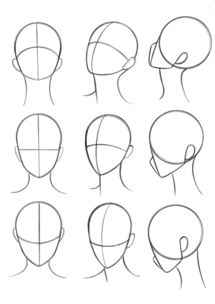 the steps to draw a human head in one point, with different angles and shapes