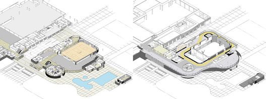 an aerial view of the ground plan and its surrounding structures, including a swimming pool