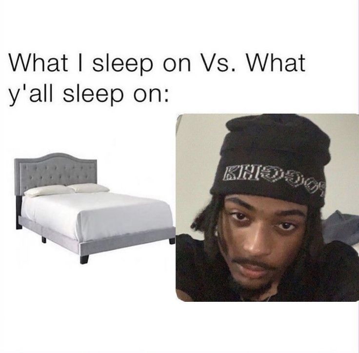 a man wearing a beanie next to a bed with the caption, what i sleep on vs what y'all sleep on