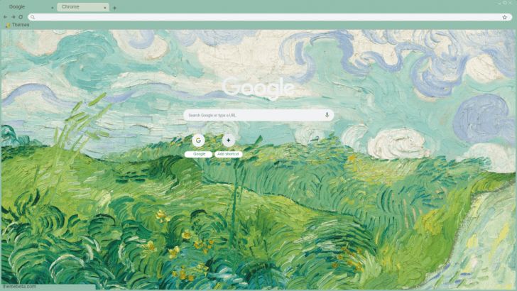 a computer screen with a painting on it's side and an image of a green field in the background