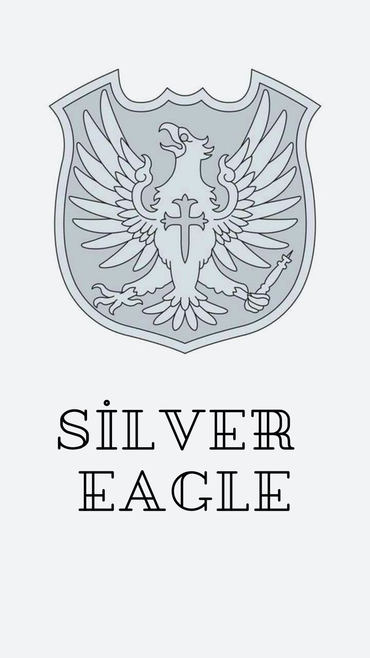 the silver eagle logo is shown in black and white, with an emblem above it