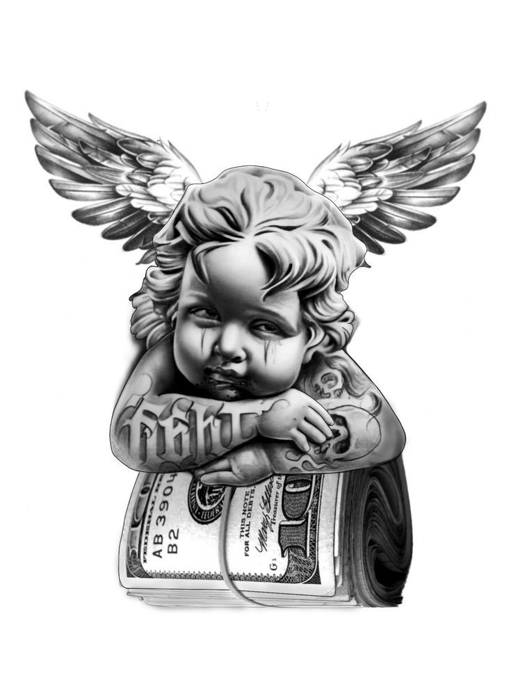 a drawing of an angel with money on it's back and wings over its head