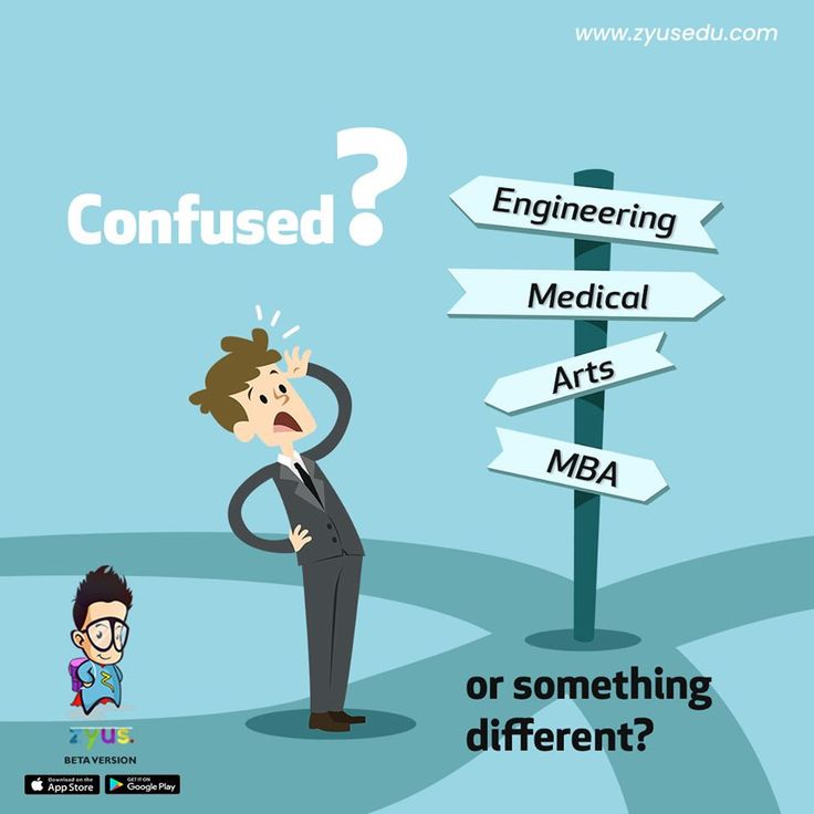 a man standing in front of a sign that says confused? engineering medical arts mba or something different?