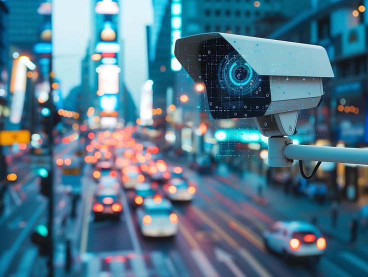 a security camera on the side of a busy city street with cars driving by at night