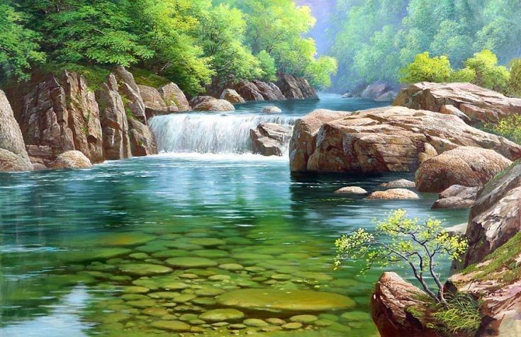 a painting of a stream running through a forest filled with rocks and water lilies