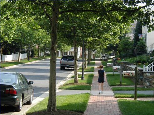 a person walking down a sidewalk in the middle of a residential area with cars parked on both sides