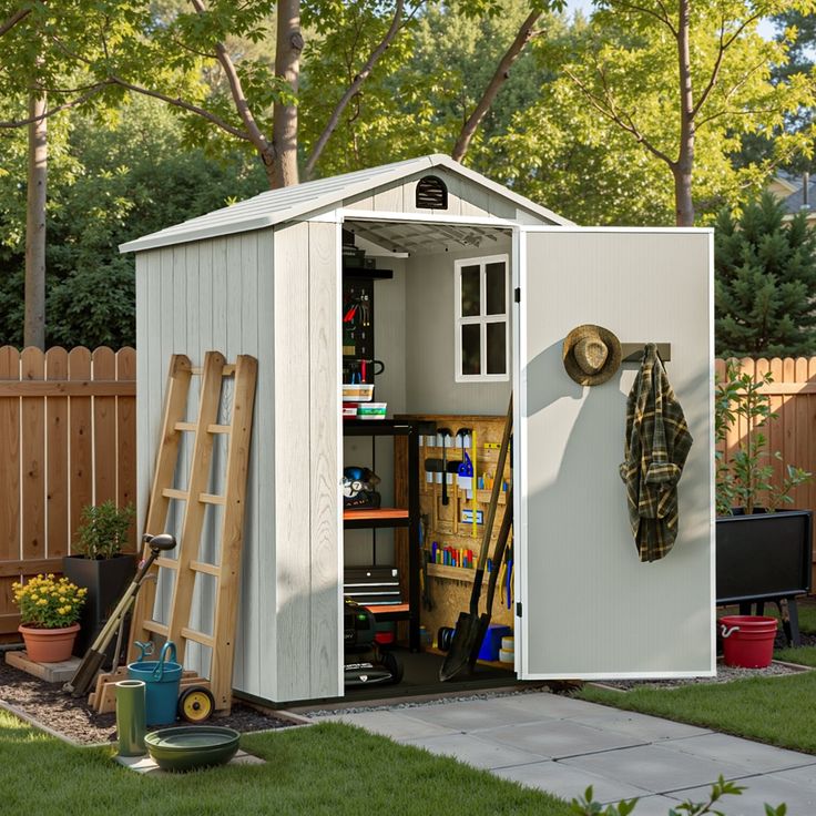 a backyard shed with the door open and tools in it