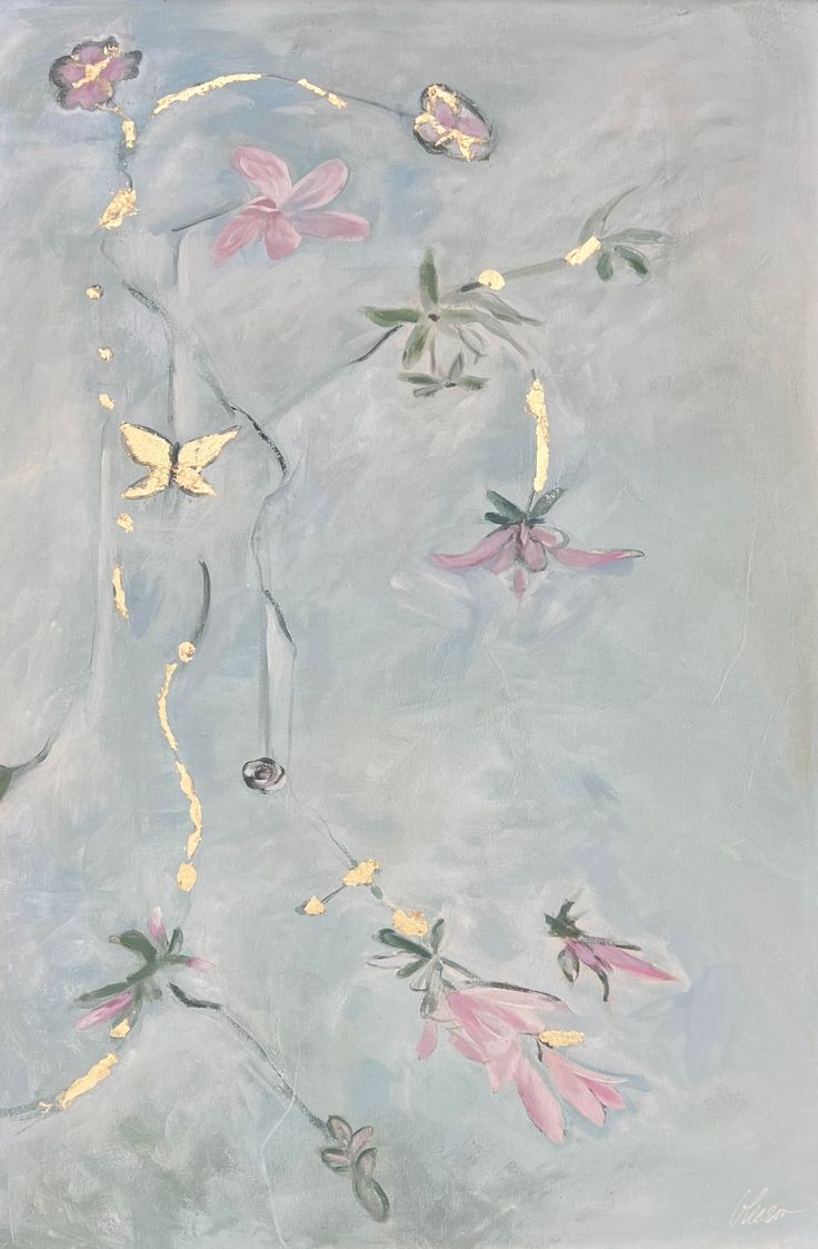 an abstract painting with flowers and butterflies in the sky, on a light blue background