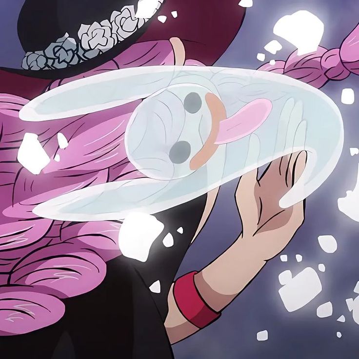 an anime character with pink hair is holding a plastic object in her hand and looking at the sky