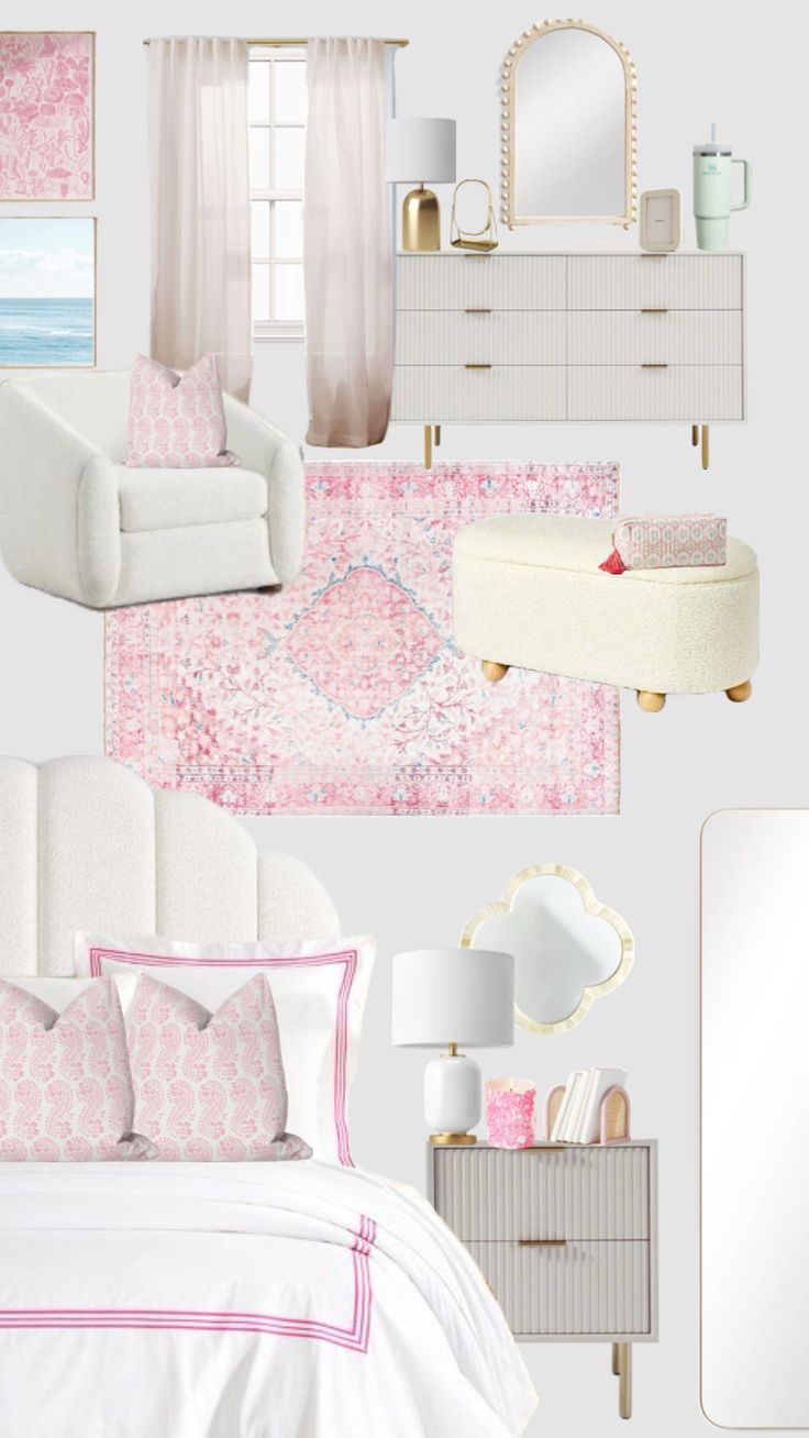 a white bedroom with pink accents and accessories on the walls, along with a large mirror