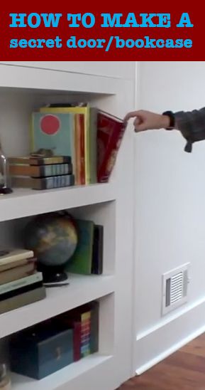 a man standing in front of a bookshelf with the words how to make a secret door / bookcase