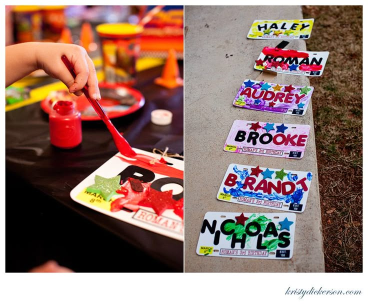 two pictures one with name tags and the other has a child's hand holding a paintbrush