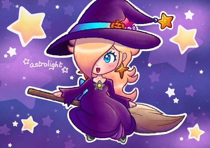 a cartoon witch flying through the air on her broom with stars in the night sky