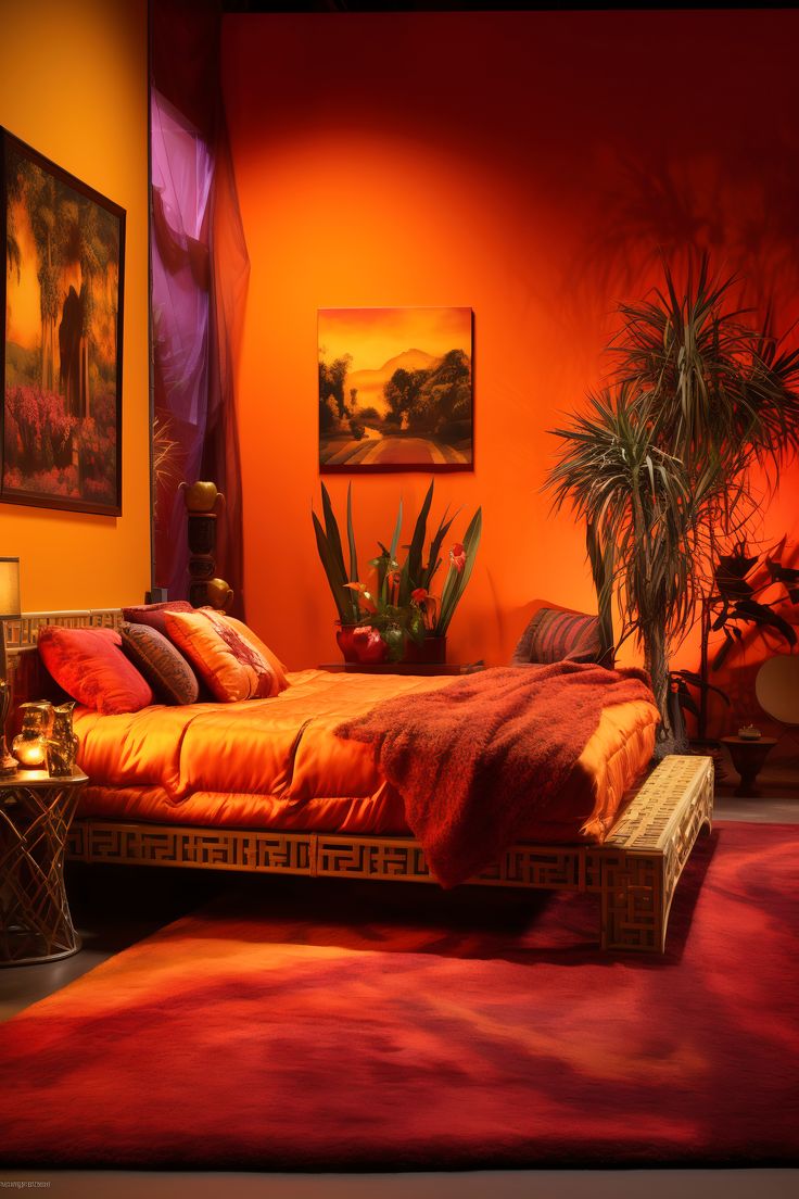 Taken in the evening, this Vibrant Modern Boho Bedroom is lit by red and orange mood lighting, casting a warm glow on the saffron-colored walls (#FF9933). The room features a wrought-iron bed, terracotta pots, and a vibrant tapestry. Bedroom Inspirations Beach, Teal Bedroom Designs, Orange Bedroom Walls, Groovy Bedroom, Burnt Orange Bedroom, Modern Boho Bedroom, Orange Rooms, Orange Bedroom, Boho Bedroom Design