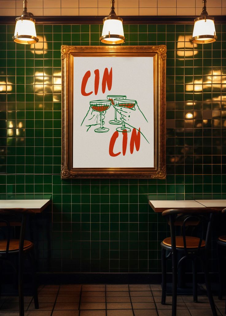 a green tiled restaurant with two tables and a sign that says cin on it