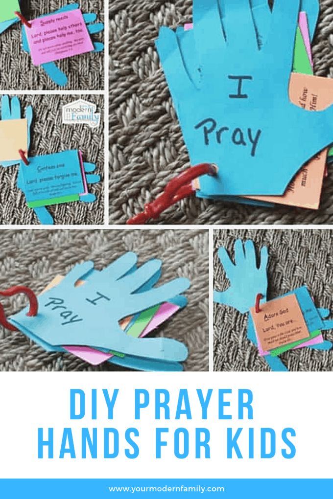 collage of handprinted pictures with the words diy prayer hands for kids