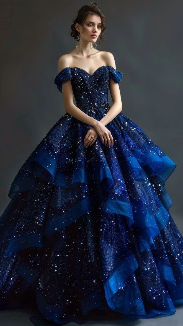 Enchanted Ball Gown, Dark Blue Dress Aesthetic, Punk Wedding, Celestial Style, Modern Dresses, Fantasy Clothes, Dreamy Gowns, Celestial Design, Big Dresses