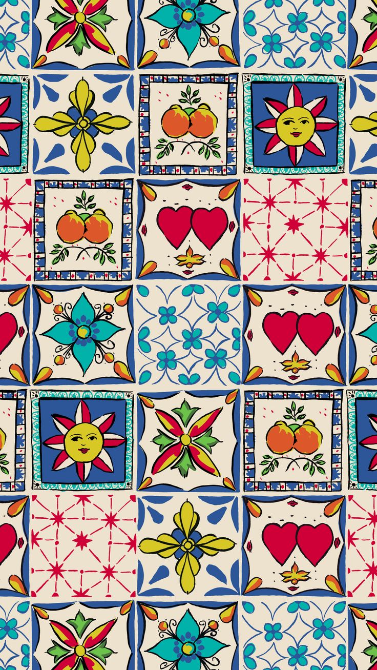 a colorful tile pattern with hearts and flowers