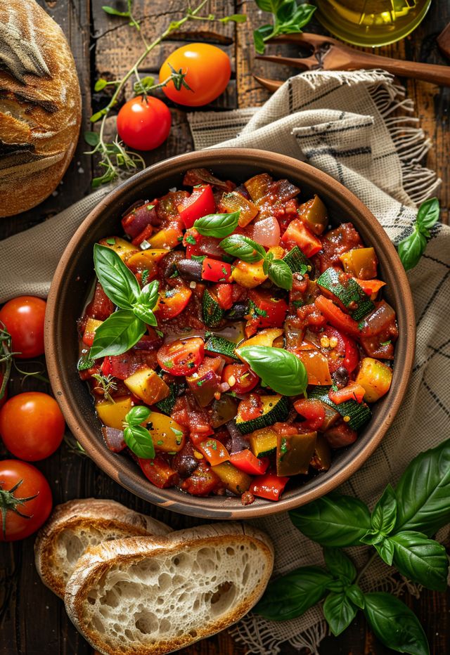 a bowl filled with lots of vegetables next to bread and fresh basil on the side