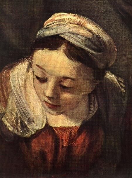 a painting of a woman wearing a red dress and a white headband with her eyes closed