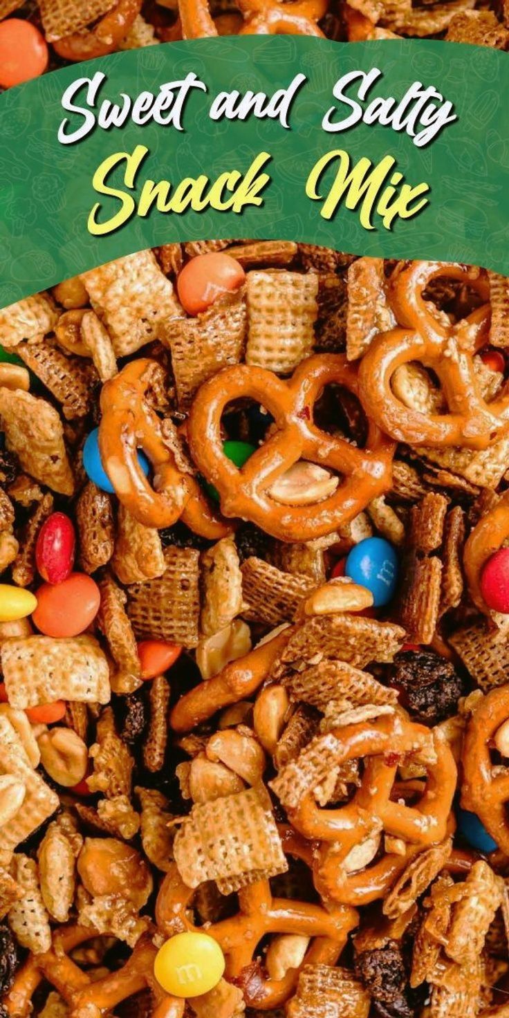 sweet and salty snack mix with pretzels, m & m's, candies