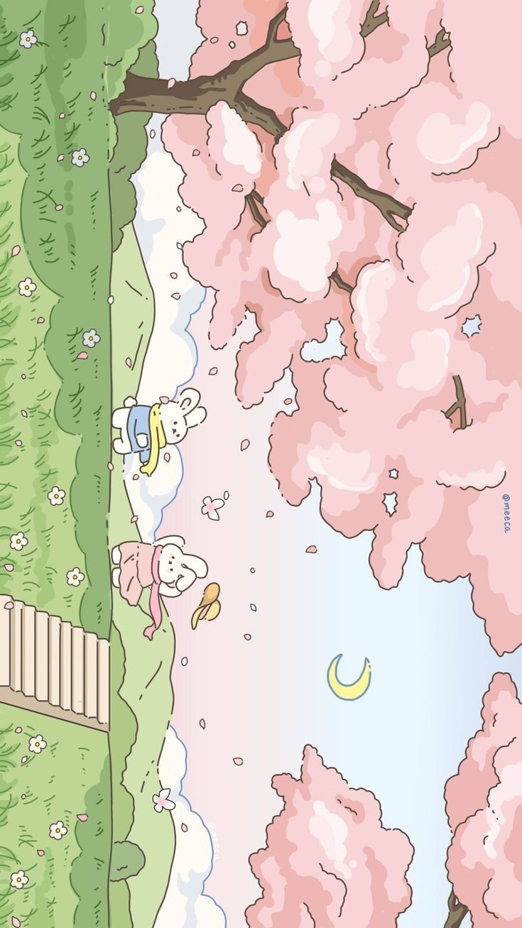 an image of a cartoon scene with pink flowers