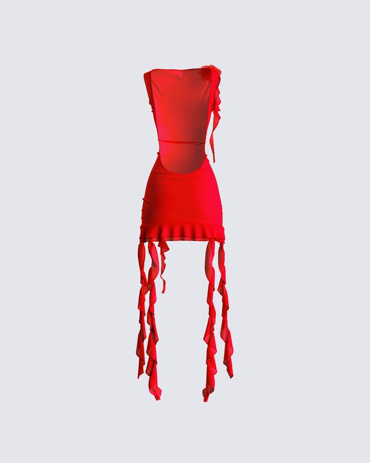 Our TIANA dress, now in red. You're welcome ❤️ Unleash your fiery, and passionate side with this look made from a mesh fabric, and complete with a high neck, low back, and flower applique detailing - they will all be burning up for you 💋 Leave little to the imagination -- dress is sheer & undergarments are not included 👀 Red Ruffled Mini Dress For Costume Party, Red Ruffle Mini Dress For Costume Party, Red Fitted Dress With Tie Back, Red Dresses For Summer Costume Party, Red Sleeveless Mini Dress With Boning, Red Fitted Festival Dress, Red Stretch Dress For Costume Party, Red Fitted Dress For Festival, Fitted Red Dress For Festival