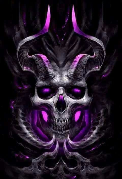 a skull with purple eyes and horns on it's face is shown in this artistic photo