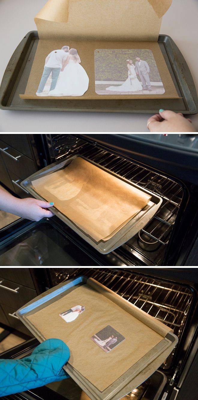 two pictures showing how to put wedding photos in an oven with baking paper on top