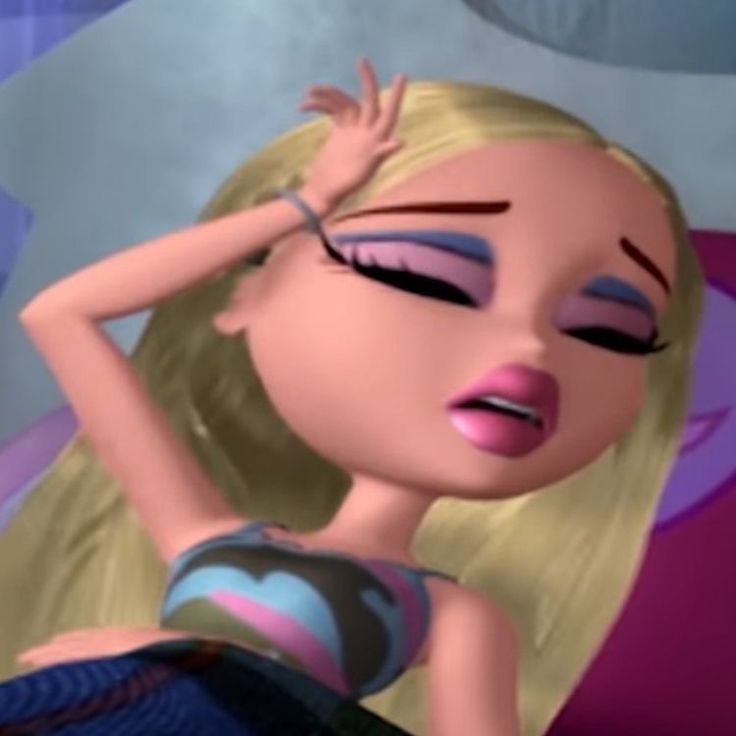 a cartoon girl with long blonde hair and blue eyes has her hand on her head