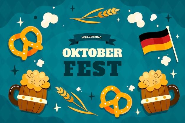 oktober fest with beer, pretzels and pretzels on blue background