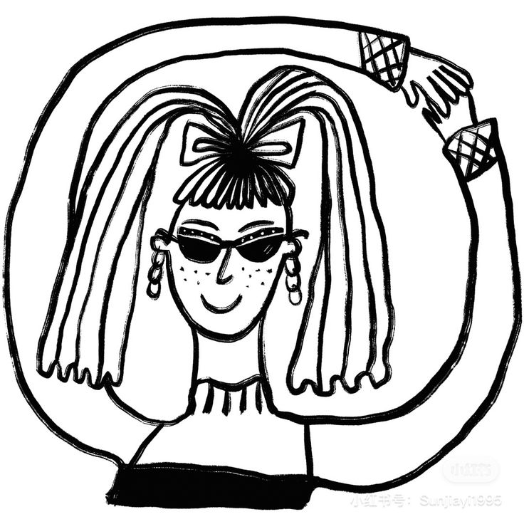 a black and white drawing of a woman wearing sunglasses with her hair in a ponytail