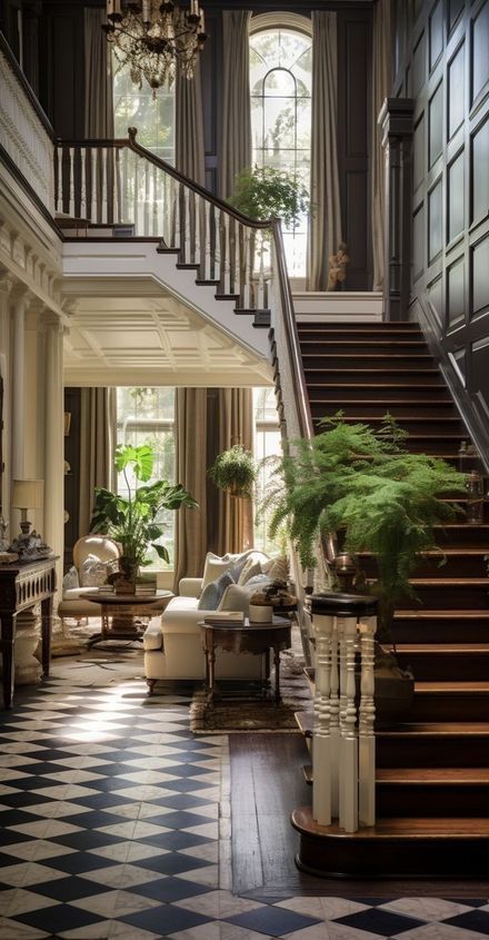 an elegant foyer with black and white checkered flooring, chandelier and stairs