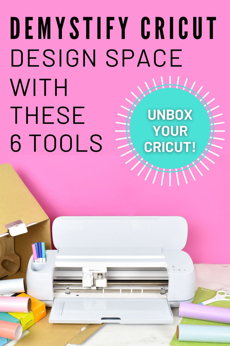 Cricut machine open on a desk with a box in the background and vinyl with other crafting tools laying around. Pink background with the words, demystify Cricut design space with these 6 tools. Arc Notebook, Circuit Crafts, Crafts Cricut, Using Cricut, Easy Lessons, Free Cricut, Cricut Free, Cricut Machine, Cricut Tutorials