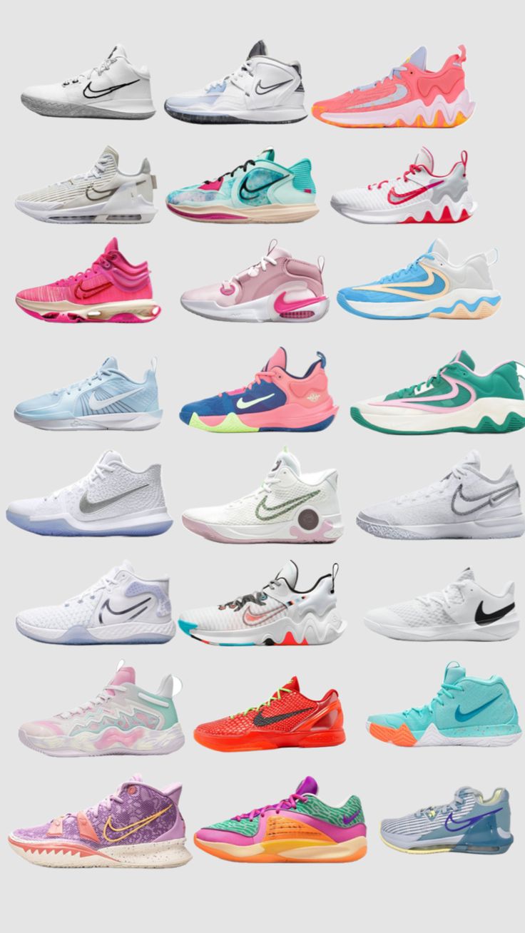 the nike sneakers are all different colors and sizes