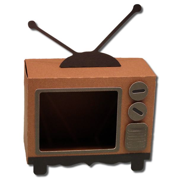 a cardboard box with a tv on it's side and two antennas sticking out of the top