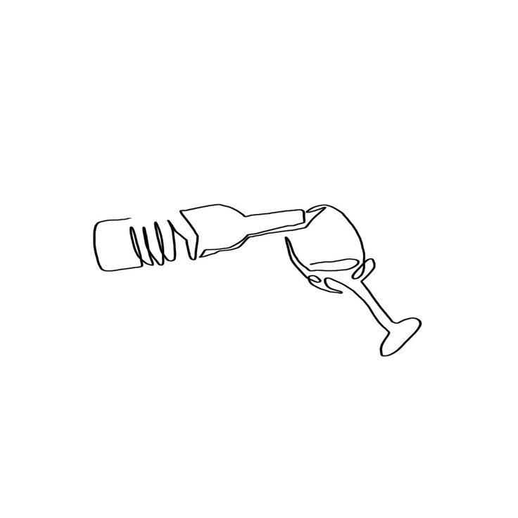 a black and white drawing of a wine glass being filled with liquid from a bottle