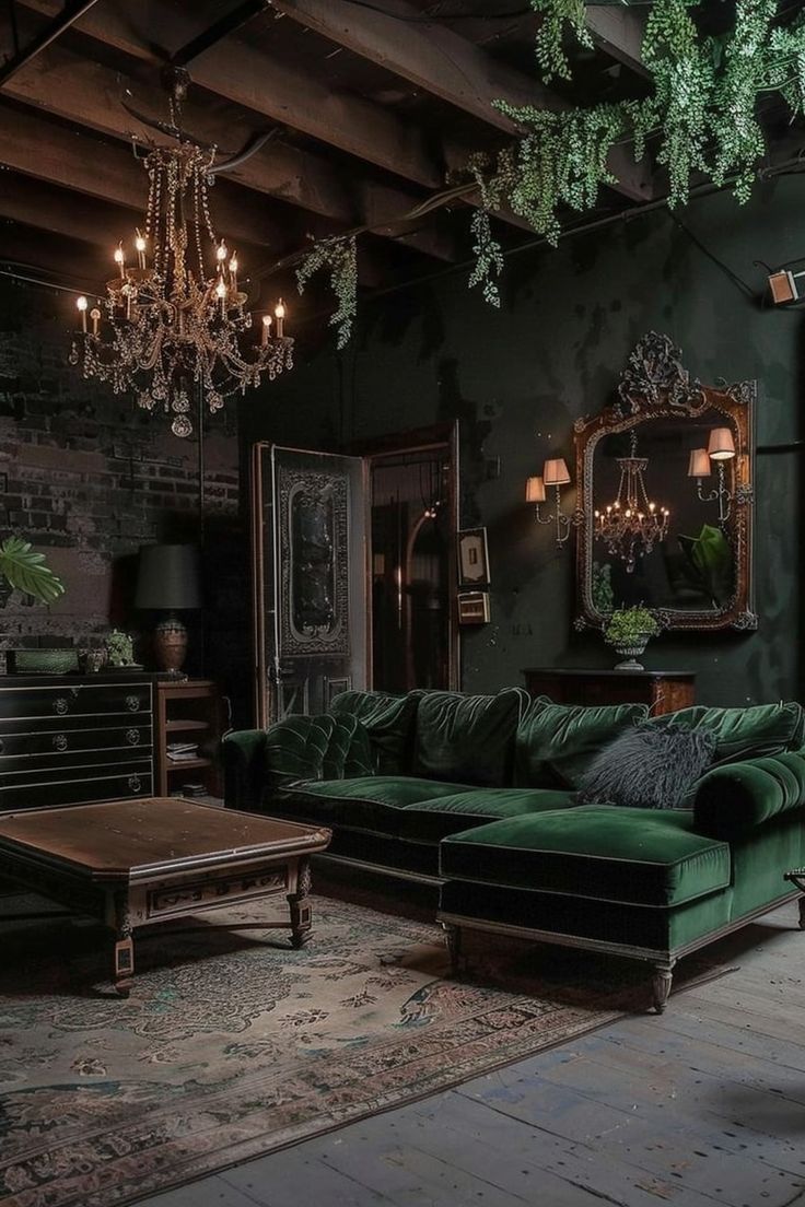 a living room filled with green couches and chandelier hanging from the ceiling