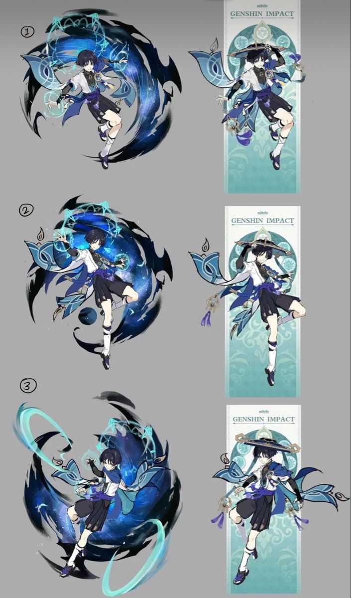 four different images of an anime character with blue hair and long black hair, in various poses