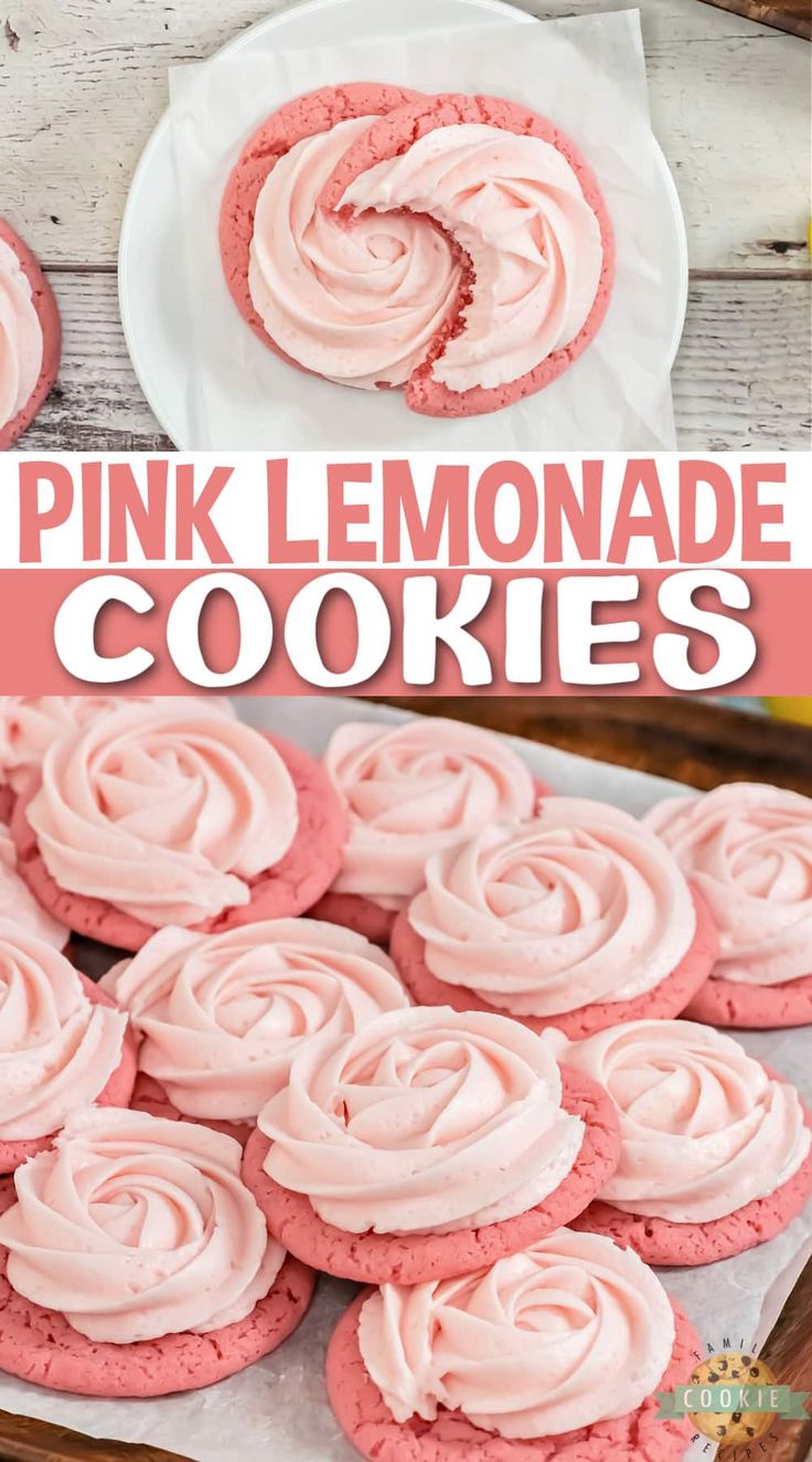 pink lemonade cookies with frosting on top and in the background, there is a plate