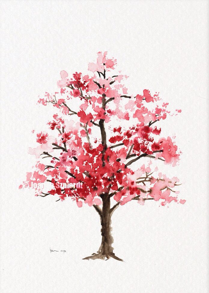 a watercolor painting of a tree with red leaves