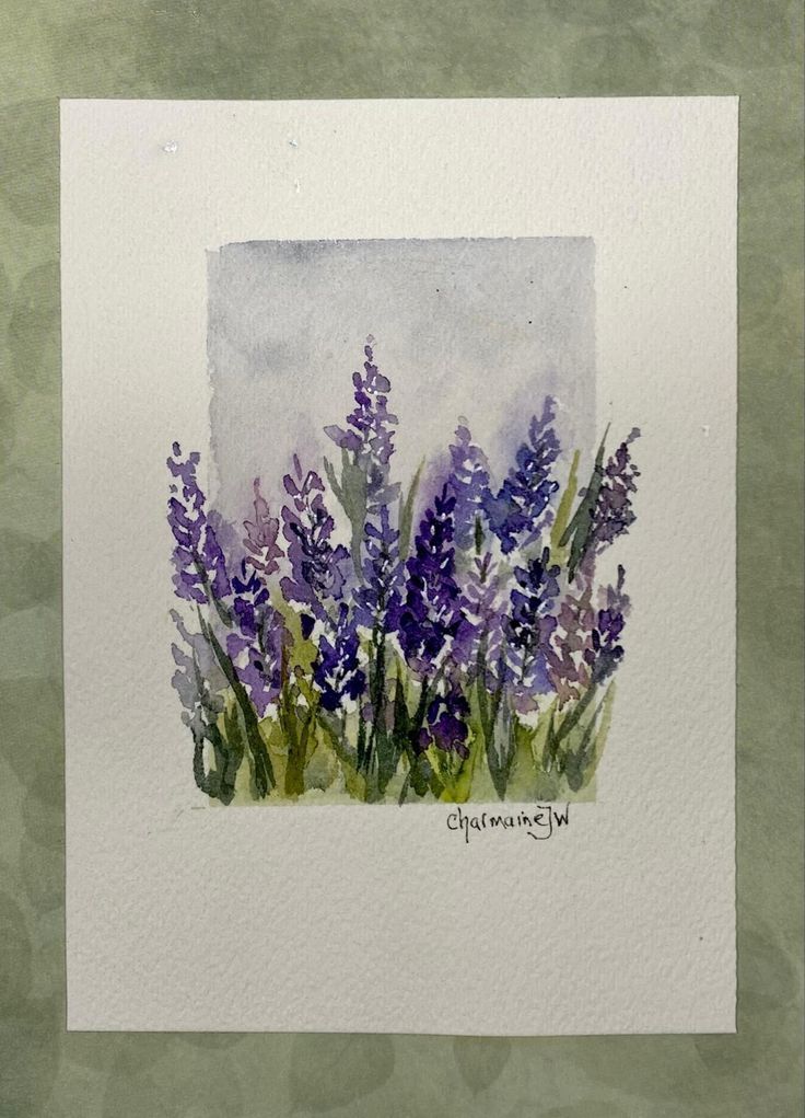 a watercolor painting of purple flowers on white paper with green and gray background,