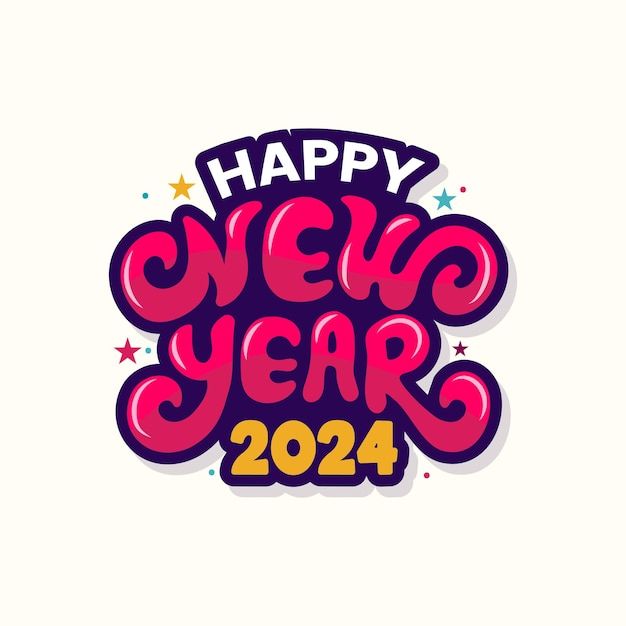 the happy new year logo with stars and confetti on it's side