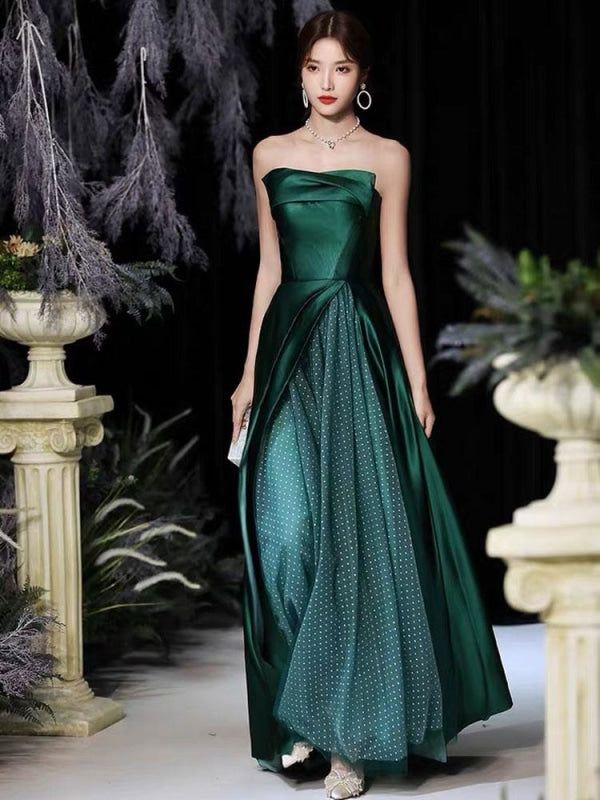 Evening Dress A-Line Strapless Satin Fabric Floor-Length Pleated Forma — Bridelily Satin Long Prom Dress, 2024 Green, Gown Fashion, Green Evening Dress, Strapless Party Dress, Strapless Evening Dress, Fashion Patchwork, Strapless Prom Dresses, Purple Prom Dress